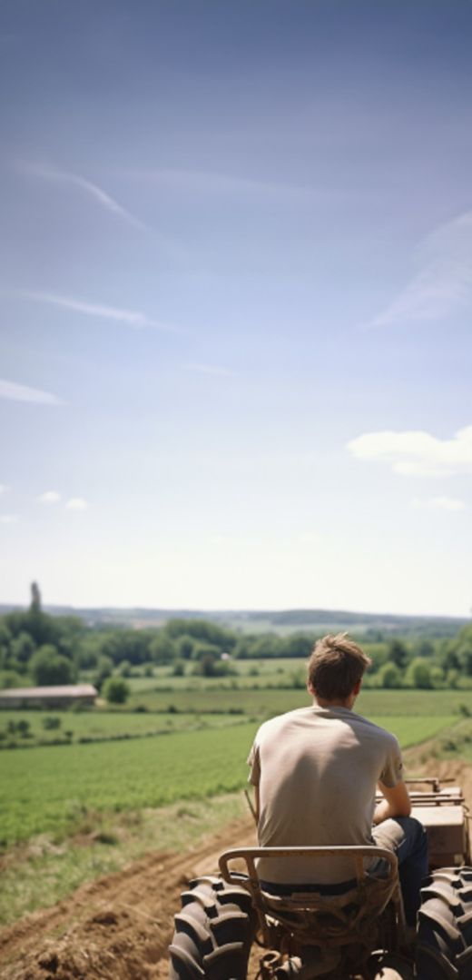 GILLES DESHAYES sur un tracteur dans un champs en 1980 image d'archive du Groupe Le Triangle