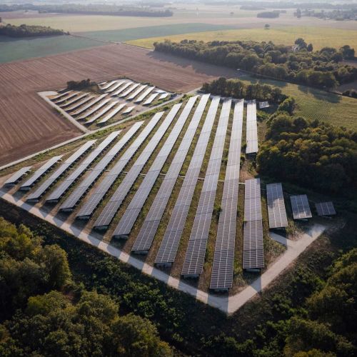 Vaste champ solaire avec des rangées de panneaux photovoltaïques sur structures métalliques, réalisé par Le Triangle, intégré dans un paysage agricole.