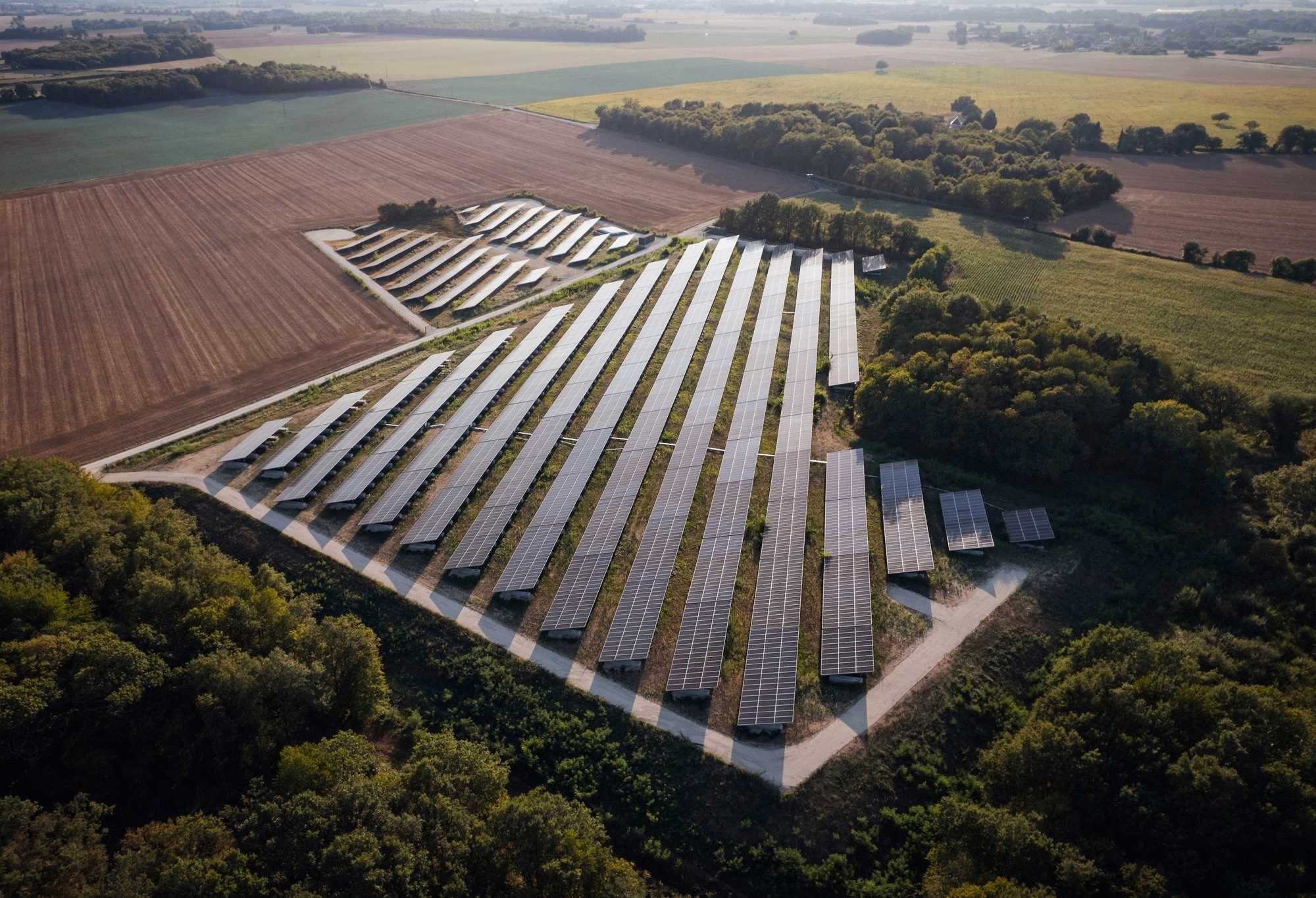 Vaste champ solaire avec des rangées de panneaux photovoltaïques sur structures métalliques, réalisé par Le Triangle, intégré dans un paysage agricole.