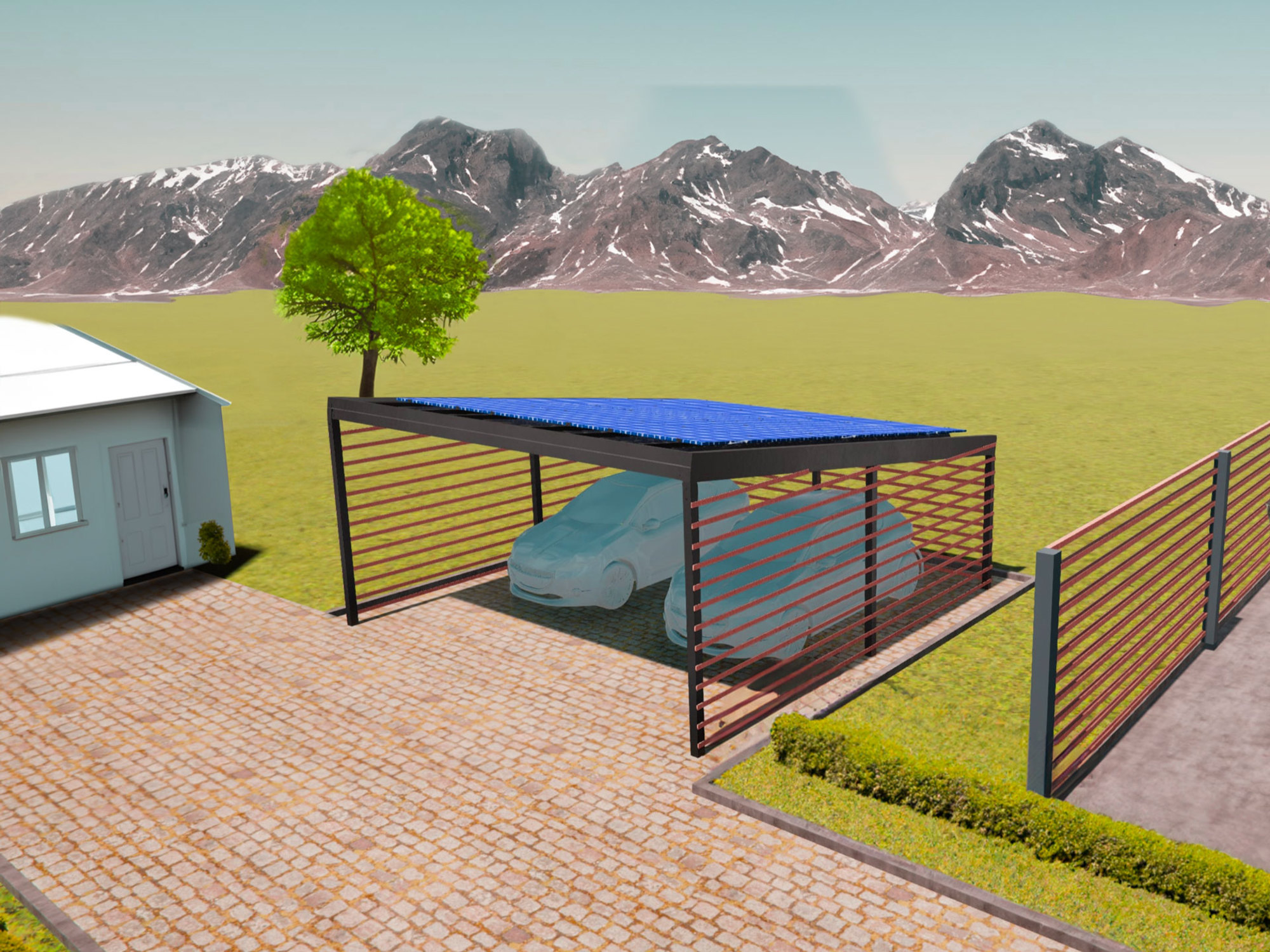 Carport solaire moderne avec panneaux photovoltaïques conçu par Le Triangle, pour l'autonomie énergétique des particuliers.