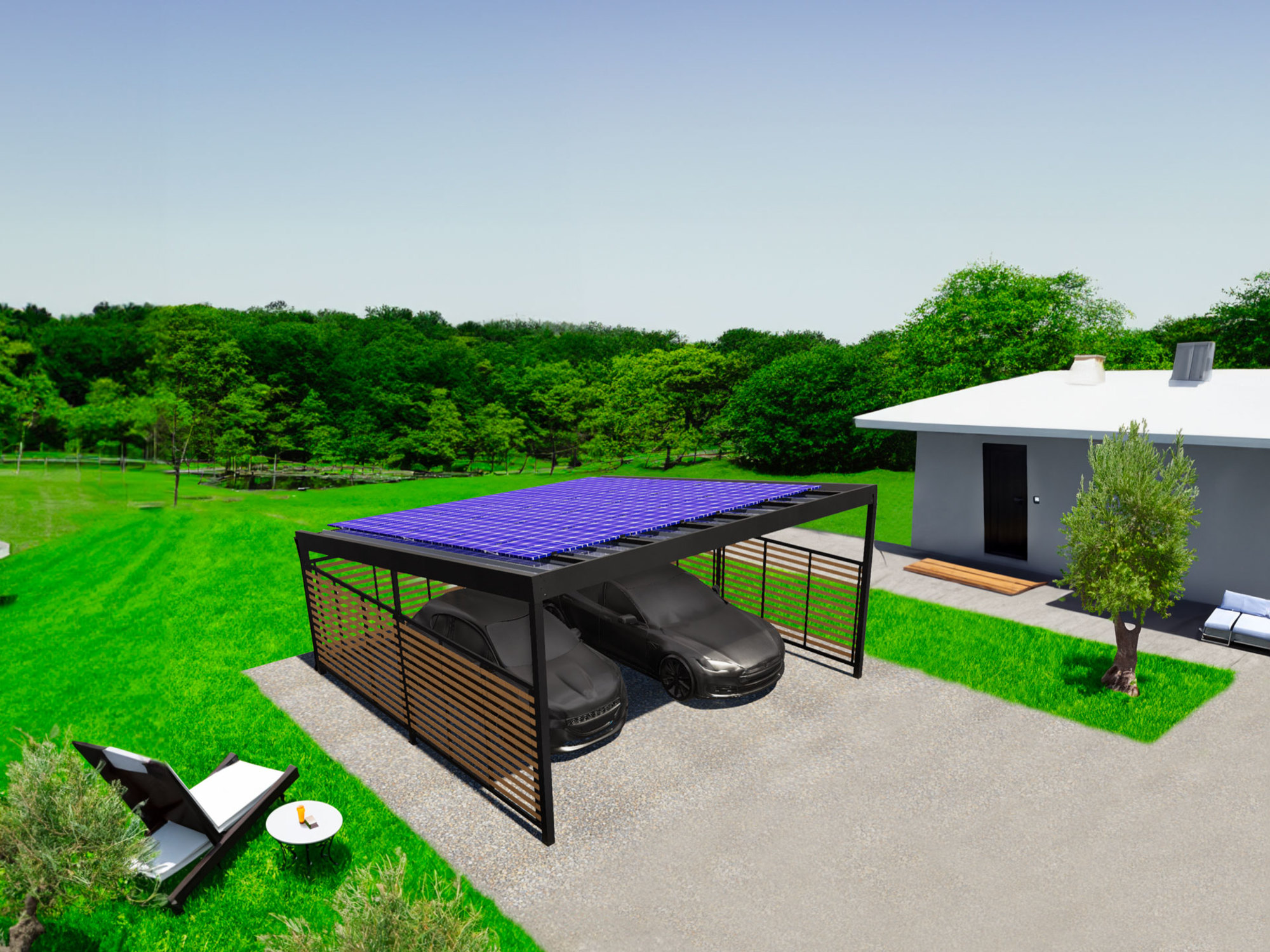 Abris solaires innovants pour véhicules par Le Triangle, intégrant des panneaux photovoltaïques pour une autoconsommation optimisée.